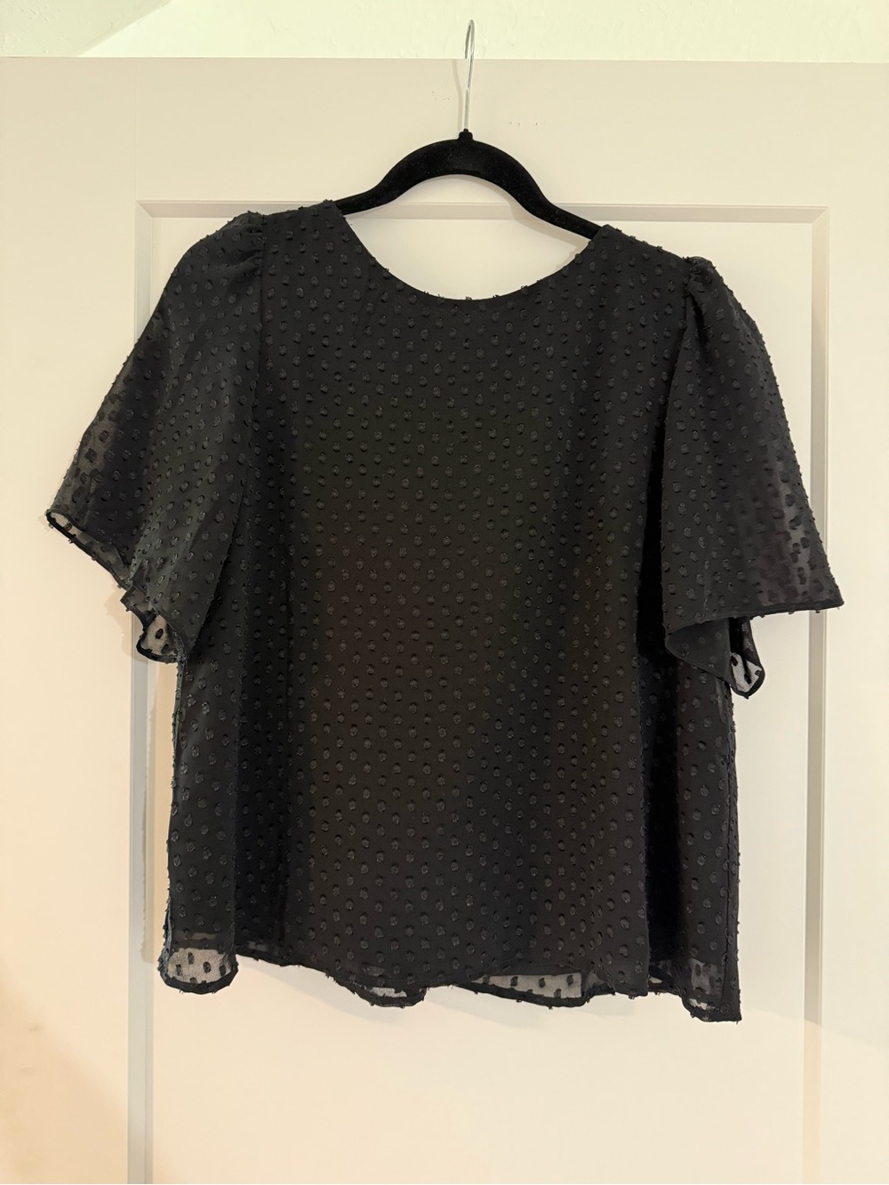 Women's Black Swiss Dot Flutter Sleeve Blouse